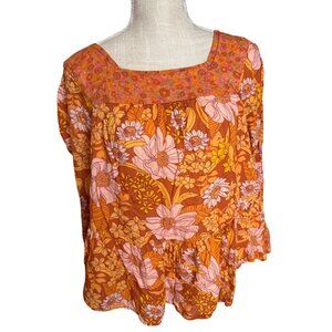 American Eagle Womens XS Floral Peasant Blouse Orange Pink Boho Long Sleeve Squa